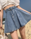 Zoki High Waist Women Denim Skirt Summer A Line Jeans Lined Mini Skirt Causal Fashion Belt  Girls Black Cotton Ball Gown