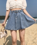 Zoki High Waist Women Denim Skirt Summer A Line Jeans Lined Mini Skirt Causal Fashion Belt  Girls Black Cotton Ball Gown