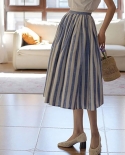 Zoki Elegant Blue Striped Women Skirts High Waist A Line Cotton Linen Ladies Skirts Loose Casual Designed Summer Midi Sk