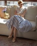 Zoki Elegant Blue Striped Women Skirts High Waist A Line Cotton Linen Ladies Skirts Loose Casual Designed Summer Midi Sk