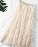 Zoki Elegant  Women Tulle Skirt Fashion Sequin Star Summer Mesh Ladies Long Skirt Elastic High Waist Party White Skirt  