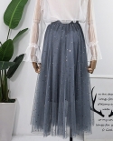 Zoki Elegant  Women Tulle Skirt Fashion Sequin Star Summer Mesh Ladies Long Skirt Elastic High Waist Party White Skirt  
