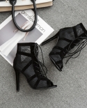 New Fashion Show Black Net Suede Fabric Cross Strap  High Heel Sandals Woman Shoes Pumps Lace Up Peep Toe Sandals