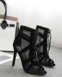 New Fashion Show Black Net Suede Fabric Cross Strap  High Heel Sandals Woman Shoes Pumps Lace Up Peep Toe Sandals