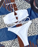  Solid Color Bikini 2022 Swimsuit Women Halter Lace Up Wrap Around Bikini Set Thong Swimwear Summer Bather Bathing Suit 