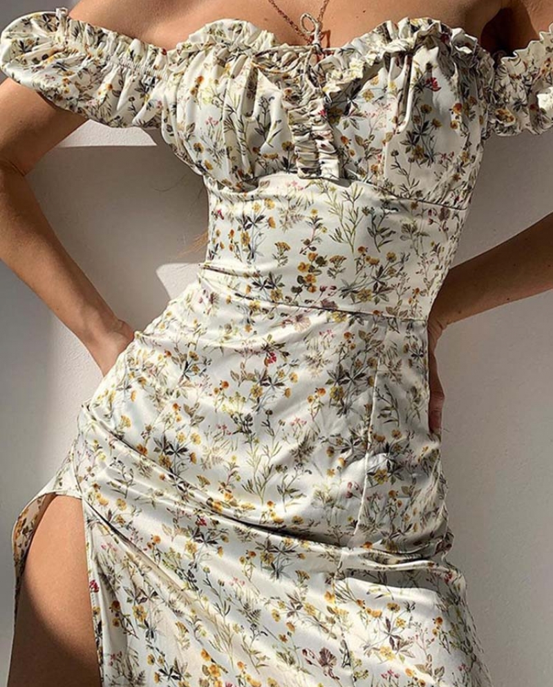 28 59 Ete Floral hors epaule manches bouffantes Maxi Robe pour femme Robe a lacets cote fendu Chic mi mollet Robe esthetique Description