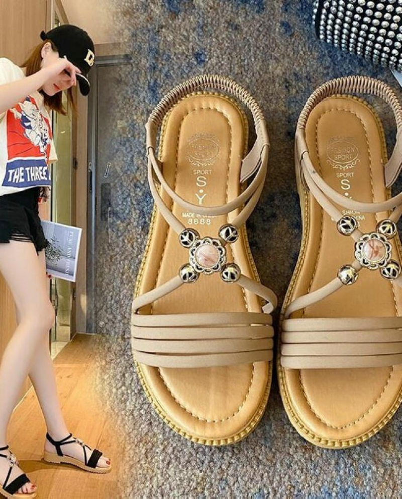 Womens Sandals Summer 2022 New Breathable Low Top Sandals Microfiber Ankle Strap Round Toe Rhinestone Roman Womens Sho