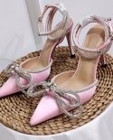Rhinestone Bow Sandals 2022 Summer New Womens  Buckle High Heels Pointed Toe Stiletto Fashion Sandals Womens Tide