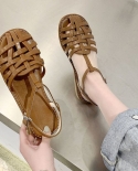 Roman Sandals Womens Summer 2022 New Fashion French Retro Toe Head Woven Hollow Flat Large Size Beach Womens Shoes