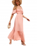 Womens Short Sleeve Pink High Waist Slip A-Line Dress
