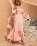 Womens Short Sleeve Pink High Waist Slip A-Line Dress