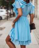 Elegant Short Sleeve V Neck Multilayer Ruffle Mini Dress Fashion Solid High Waist Slim Dress Casual Office Ladies Chiffo