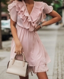Elegant Short Sleeve V Neck Multilayer Ruffle Mini Dress Fashion Solid High Waist Slim Dress Casual Office Ladies Chiffo
