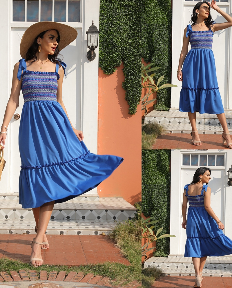 Womens Graceful Commute Solid Color High Waist Retro Klein Blue Sling Dress