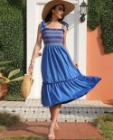 Womens Graceful Commute Solid Color High Waist Retro Klein Blue Sling Dress