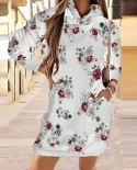 Vintage Floral Print Hooded Sweater Dress Women Fall Casual Long Sleeve Loose Mini Dress Fashion Commuter Ladies Pocket 