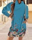 Vintage Floral Print Hooded Sweater Dress Women Fall Casual Long Sleeve Loose Mini Dress Fashion Commuter Ladies Pocket 