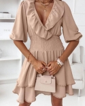 Short Sleeve V Neck Ruffle Mini Dress Ladies Summer Fashion Solid Color Waist Dress Women 2022 New Elegant Slim Commuter