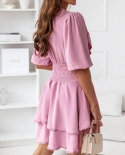 Short Sleeve V Neck Ruffle Mini Dress Ladies Summer Fashion Solid Color Waist Dress Women 2022 New Elegant Slim Commuter