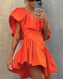  One Word Collar Backless Party Mini Dress Women Fashion Solid Short Sleeve Ruffle Dress Lady Casual Slim Off Shoulder D