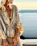 Elegant Bat Sleeve V Neck Resort Party Dress Women Fashion Shiny Gold Long Dress Ladies Elegant Loose Cardigan Lace Up D