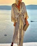 Elegant Bat Sleeve V Neck Resort Party Dress Women Fashion Shiny Gold Long Dress Ladies Elegant Loose Cardigan Lace Up D