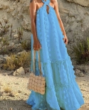  Chic Cross Cutout Off Shoulder Seaside Dress Women Elegant Solid Flower Design Dresses Fashion Sleeveless Cake Loose Dr