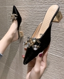  High Heel Mules Ladies Leather Sole Slippers Women Crystal Shine Metal Chian Pointed Toe Platform Mules Slip On Shoes W