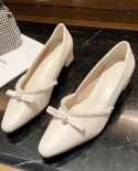 French Small High Heel Short Heel Autumn Ins New Fairy Style Pearl Bow Square Head Mary Jane Thick Heel Shoeswomens Pum