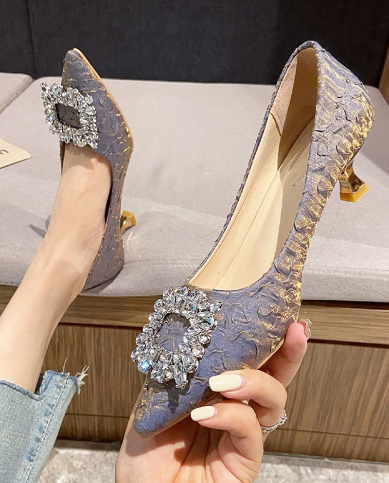 Womens Shoes French Girl High Heels 2022 Suede New Rhinestone Buckle Feminine Pointed Stiletto Net Single Shoes Heels W