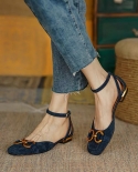 Sandals Women Summer New Leather Retro Closed Square Toe Sandals Woman Slip On Mules Shoes Buckle Strap Lady Elegant Fla
