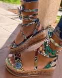 Sandálias femininas retrô verão cobra plataforma saltos cruzados tira no tornozelo renda peep toe festa praia sapatos femininos 