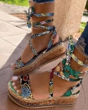 Sandálias femininas retrô verão cobra plataforma saltos cruzados tira no tornozelo renda peep toe festa praia sapatos femininos 
