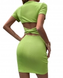 Kayotuas Women Pencil Dress Summer Bag Hip Pleated Bodycon Bowknot Lace Up Bandage Slim Fit Tight Skinny Green Ladies St
