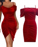 Kayotuas Women Dress Summer Off The Shoulder Red Evening Party Sheath Bag Hip Bodycon  Pleated Formal Clubwear