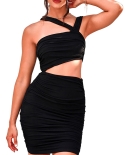 Kayotuas Women Dress Summer Backless Halter Sleeveless Hollow Out  Ladies Party Bar Bag Hip Pleated Bodycon Clubwear
