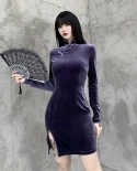 Kayotuas Women Dress Chinese Style Velvet Stand Collar Long Sleeve Skinny Split Mini Gothic Clothes Bag Hip Bodycon Ladi