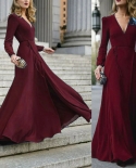 Women Dress  Formal Maxi Vneck Long Sleeve Solid Color Bandage Office Ladies Evening Party Prom Gown Elegant Ruffle Clot