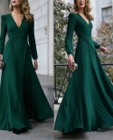 Women Dress  Formal Maxi Vneck Long Sleeve Solid Color Bandage Office Ladies Evening Party Prom Gown Elegant Ruffle Clot