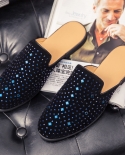 Luxury Formal Italian Rivet Men Half Loafers Brand Rhinestone Leather Mens Casual Shoes Coiffeur Designer Shoes Slide Sl