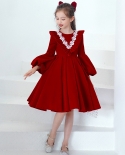 فستان للأطفال لعيد الميلاد تنورة توتو من الساتان الأحمر بأكمام طويلة