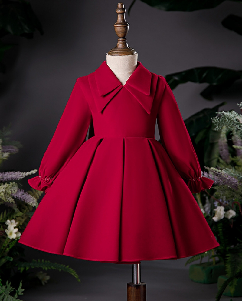 שמלת השנה החדשה בנות חורף מארחת קטנה עם שרוולים ארוכים לתינוק יום הולדת שמלת נסיכת אדומה בסגנון מערבי יוקרה לשנה-