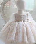 שמלת נסיכה בנות שרוול ארוך פרח פלאפי ילדה שמלת כלה ילדי יום הולדת שמלה בת שנה קשת קשר בייבי דר