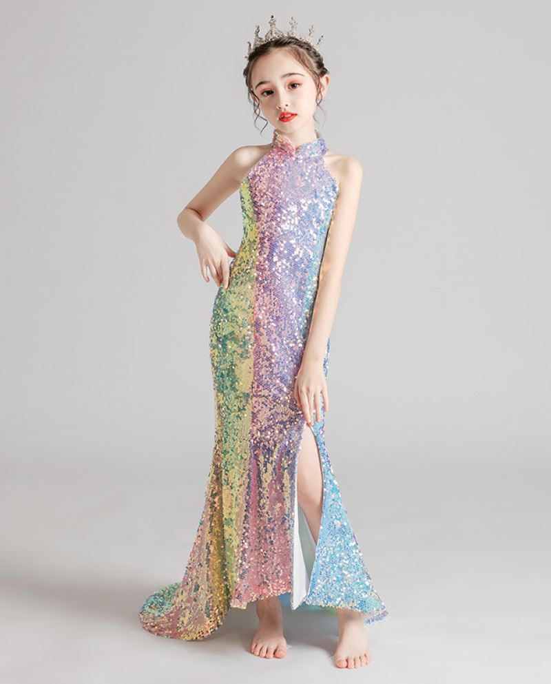 Girls Evening Dress Fishtail Princess Dress Sequins Catwalk Costumes