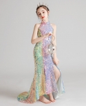 Vestido de noite para meninas vestido de princesa rabo de peixe com lantejoulas fantasias de passarela