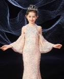 Vestido de princesa modelo de passarela Vestido de noite infantil Menina anfitriã Trajes rabo de peixe com lantejoulas