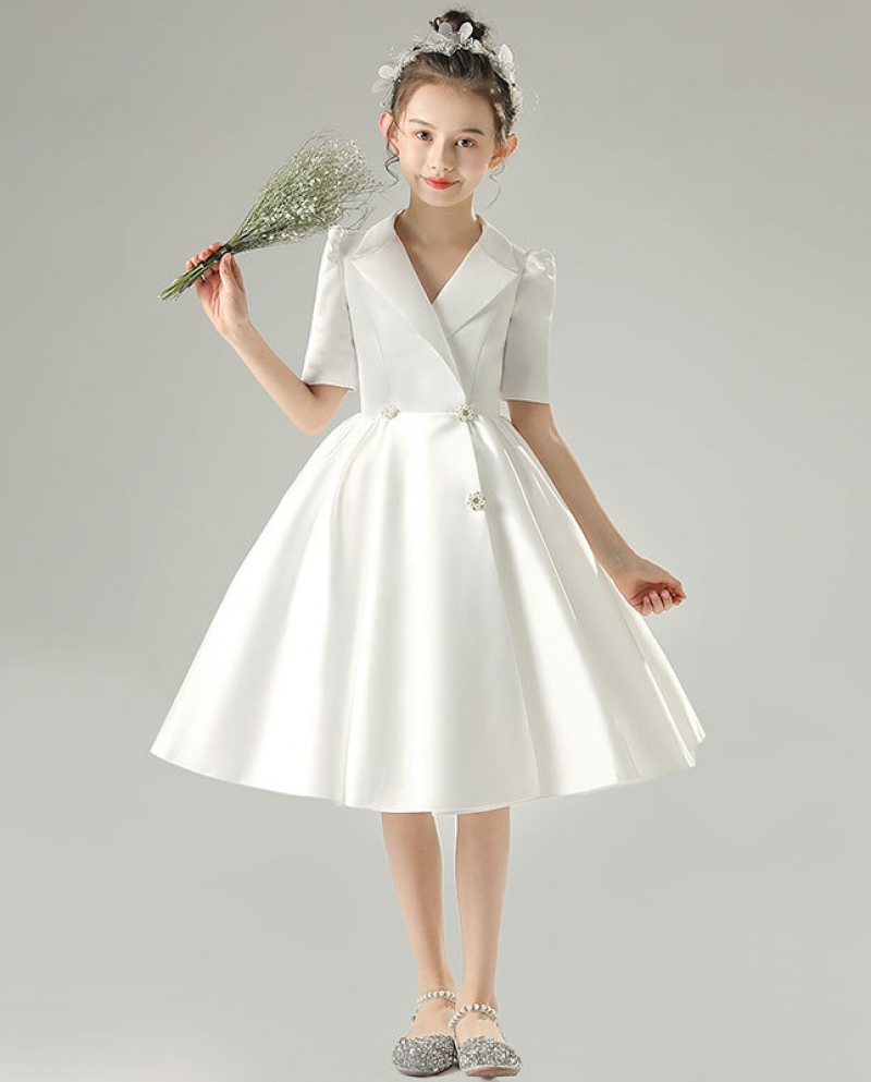 דש לבן שרוול אמצעי לילדים דגם catwalk שמלת ביצועים לפסנתר חצאית ילדה מארח שמלת ערב חצאית נסיכה