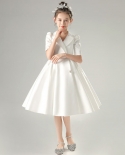 White Lapel Middle Sleeve Childrens Performance Dress Skirt Girl Evening Dress Princess Skirt