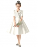 White Lapel Middle Sleeve Childrens Performance Dress Skirt Girl Evening Dress Princess Skirt