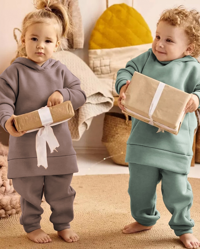 Set di due pezzi per bambini addensato casual tinta unita pullover maglione con cappuccio pantaloni